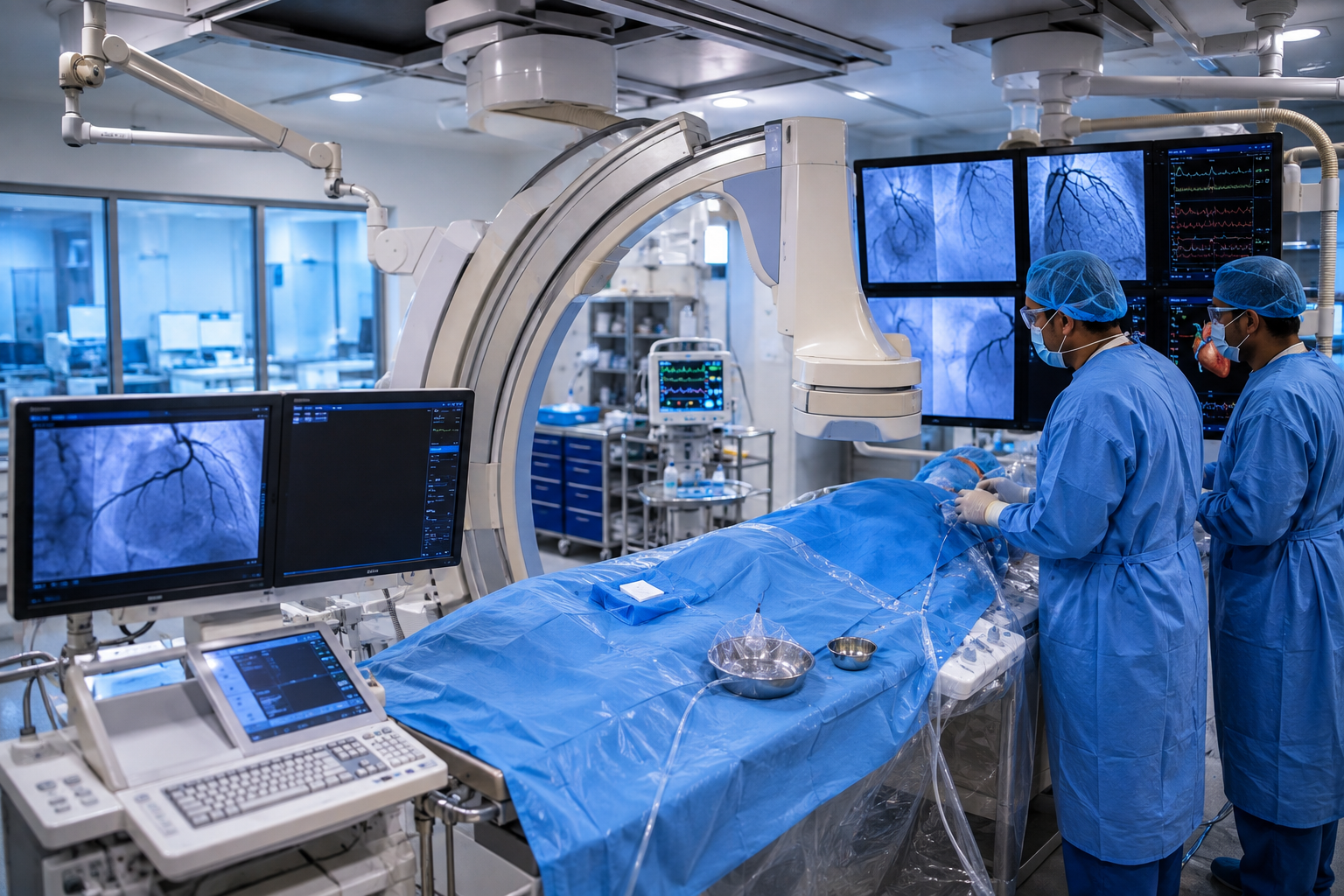 Cathlab Facilities In Malad with cardiologists performing a minimally invasive coronary angiography procedure using advanced cardiac imaging technology