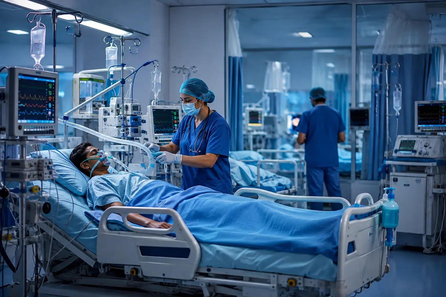 ICU Hospital In Malad with doctors providing advanced critical care to a patient in a modern intensive care unit