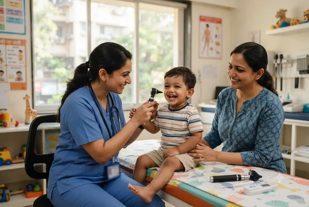 Pediatrician examining a young patient at a child care centre in Malad