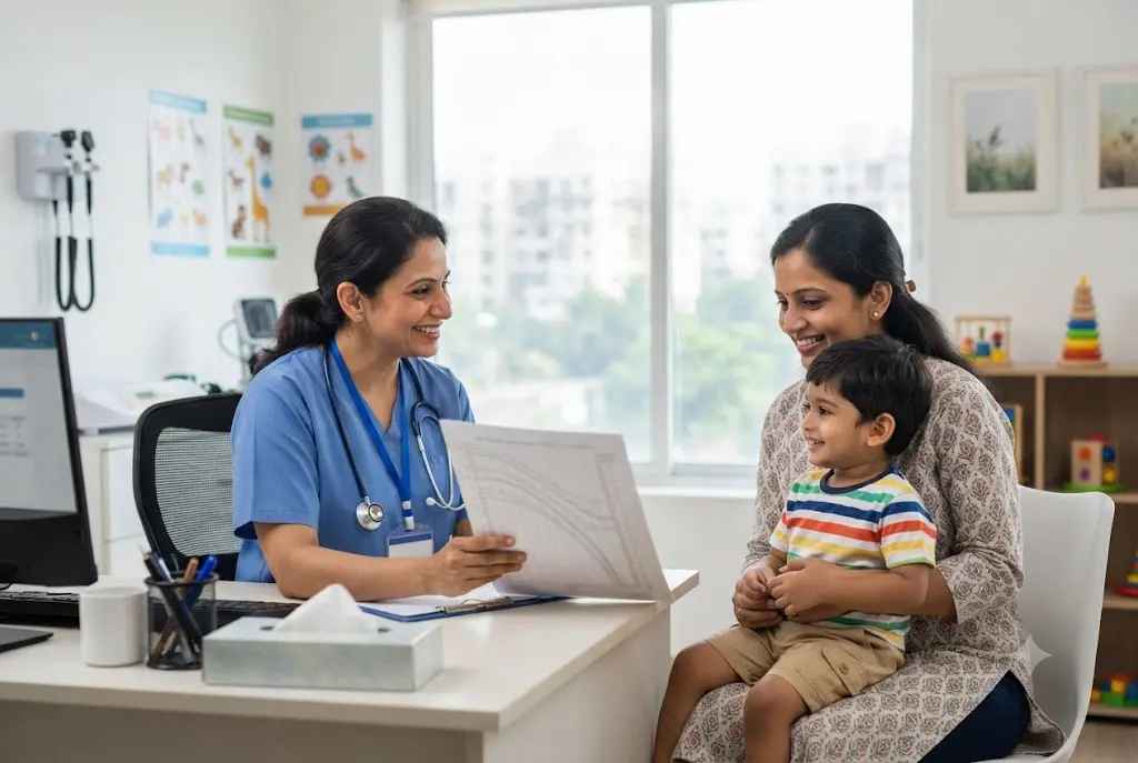 Pediatrician consulting parents and examining a child at a pediatric care centre in Malad